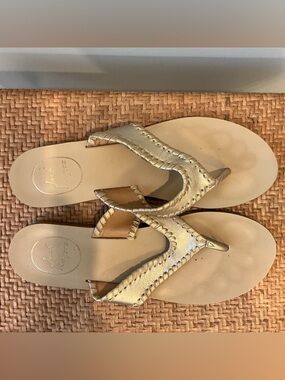Jack Rogers Gold Leather Whipstitch Thong Sandals